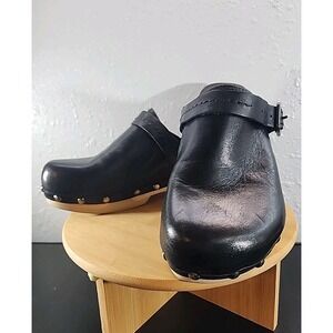 Earth Pine Tiku Black Leather Clogs Wooden Sole Adjustable Strap Casual Boho 7.5